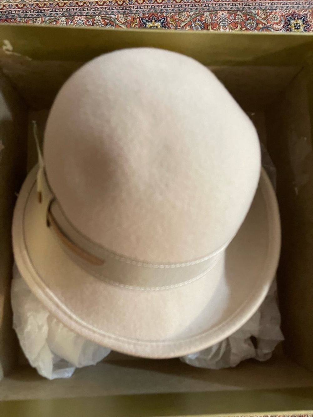 High End Vintage Designer Cream Georgette Bowler Hat with Ribbon Trim